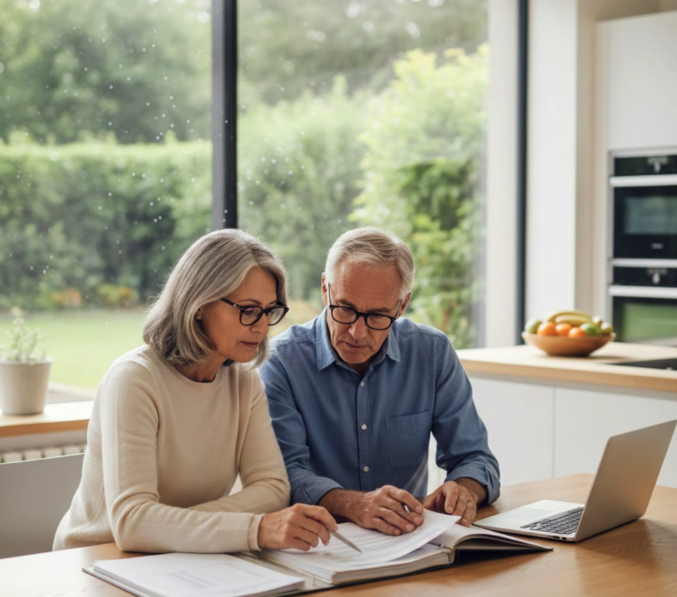 Mature couple reviewing tax documents at kitchen table in Woodstock Georgia home